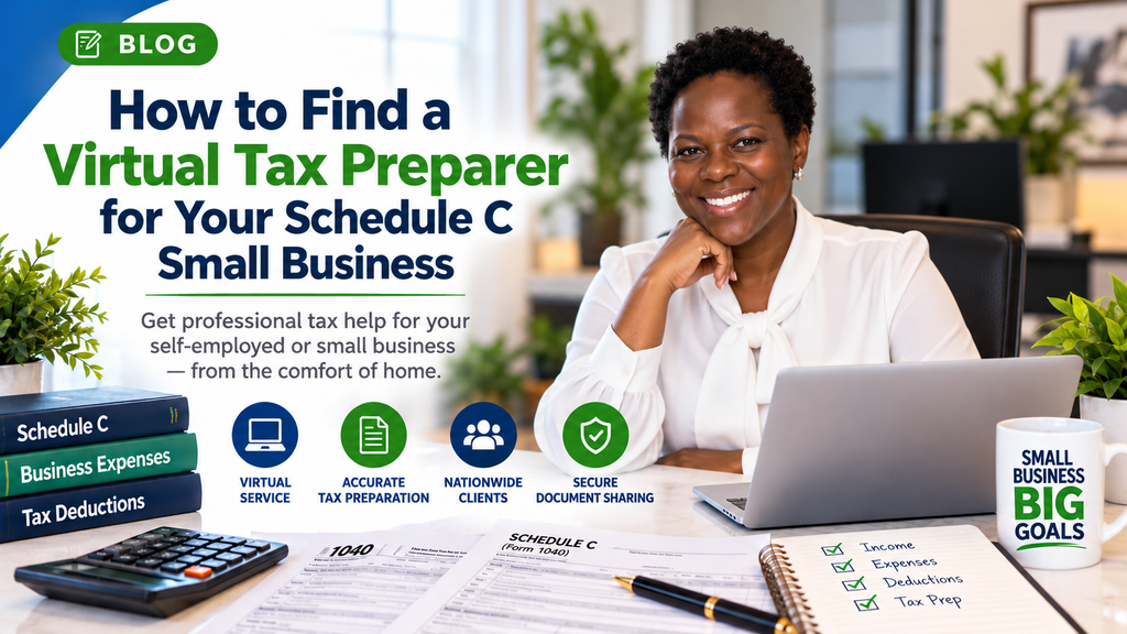 De’More Tax Service LLC virtual tax preparer in a white blouse assisting small-business owners with Schedule C tax preparation nationwide.