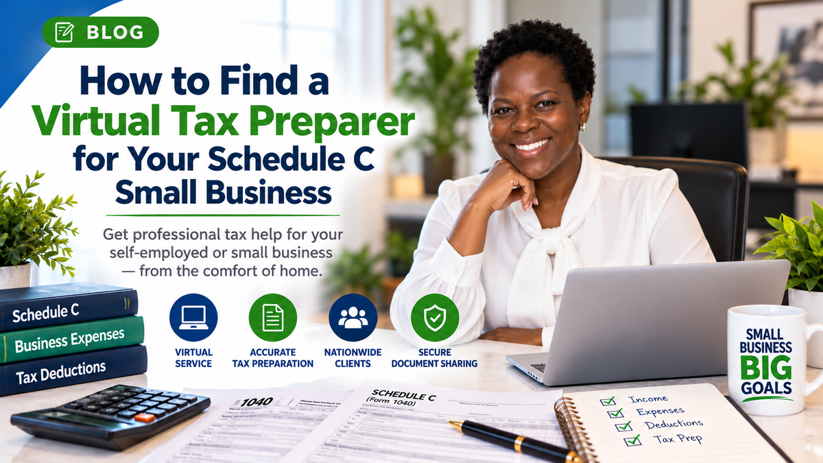 De’More Tax Service LLC virtual tax preparer in a white blouse assisting small-business owners with Schedule C tax preparation nationwide.